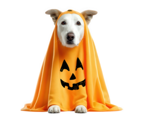 Dog ghost pumpkin costume Halloween orange isolated cute pet playful white