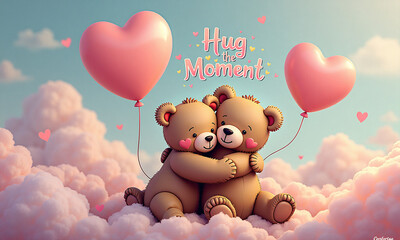 Two teddy bears hugging with heart balloons in magical sky scene.