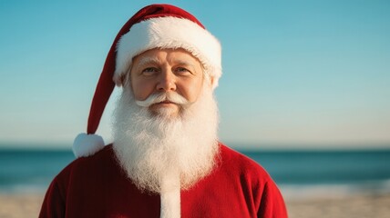 Santa claus, in his iconic red attire, smiles warmly while standing on a tropical beach, blending holiday cheer with a serene coastal setting