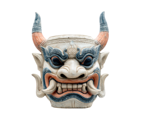 Thai giant mask traditional sculpture transparency background blue and orange detail cultural art fierce expression mythology horn tusk isolated object