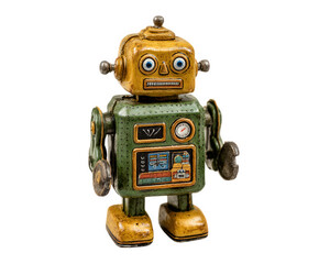 Vintage robot toy retro metal figure green and yellow isolated on transparency background nostalgic mechanical collectible classic playful cheerful expression