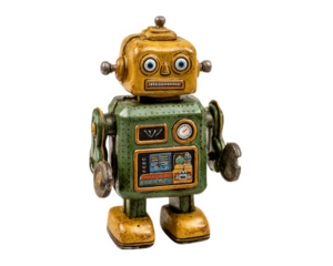 Vintage robot toy retro metal figure green and yellow isolated on transparency background nostalgic mechanical collectible classic playful cheerful expression