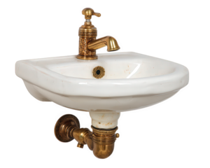 Vintage white ceramic sink with ornate gold faucet and drain, isolated on transparency background, evokes classic and elegant bathroom style with antique charm