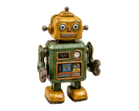 Vintage robot toy retro metal figure green and yellow isolated on transparency background nostalgic mechanical collectible classic playful cheerful expression