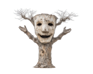 Cheerful haunted tree with smiling face bare branches isolated on transparency background whimsical fantasy spooky autumn nature photo object