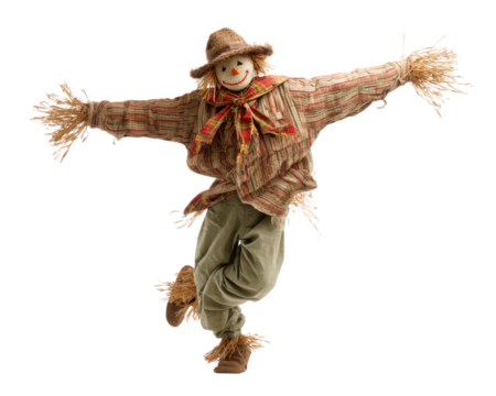Scarecrow dancing funny isolated white straw hat autumn cheerful costume plaid shirt green pants boots harvest rural farm playful whimsical happy decoration festival rustic traditional seasonal
