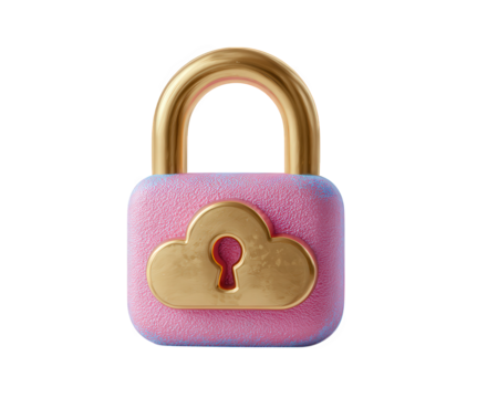 Pink padlock gold cloud symbol security cloud storage digital protection data privacy 3D illustration isolated modern cheerful concept
