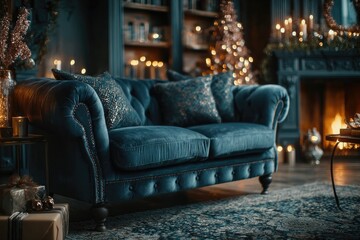 Cozy living room adorned with festive decorations, warm lighting