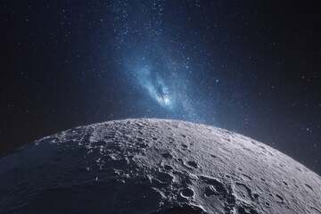 Moon Surface with Craters, Galaxy and Stars in Deep Dark Blue Cosmic Sky View