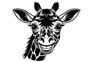 Bold black giraffe face showing toothy grin displays unique swirling tribal markings