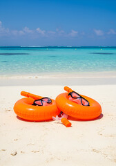 Obraz premium Orange Inflatable Swim Rings and Snorkeling Gear on a Tropical Beach