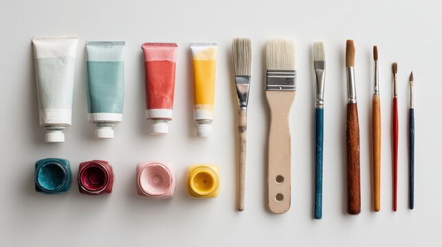 Flat lay of assorted artist's paintbrushes and colorful paint tubes on a white background - Powered by Adobe