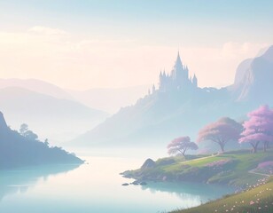 霧に包まれた幻想的な山間の湖と遠くに見える美しい城の風景