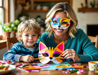 Creative crafting time with mom and child making colorful masks at home for fun activities
