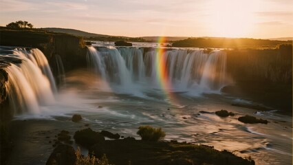 Obraz premium Spectacular Waterfall at Sunset with a Rainbow