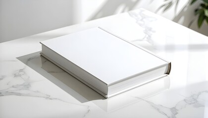 Single softcover book centered on a polished white marble background