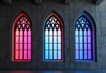 Fototapeta premium gothic arched windows with red blue purple lights on stone wall