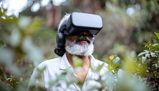 An elderly man wearing a VR headset explores virtual reality amidst a natural, green environment.