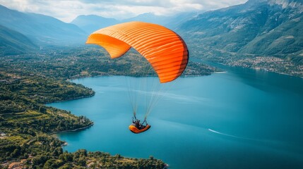 A paraglider with an orange parachute soars over a large scenic lake surrounded by mountains and lush green landscape