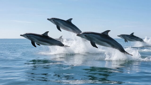 Dolphins leaping out of the water in a synchronized display