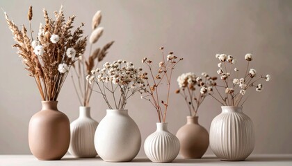 A collection of stylish vases with dried flowers, showcasing minimalist design and neutral tones for contemporary home decor.