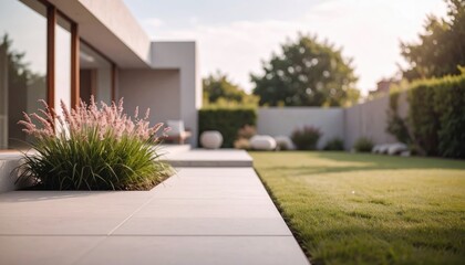 Obraz premium A modern minimalist house featuring a spacious garden with elegant landscaping and lush greenery under a clear sky.