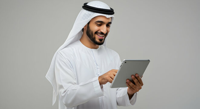 Smiling Emirati Man Using Tablet Modern Technology Business Professional Arab Culture Middle East