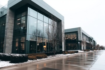 Modern office buildings with large windows and snow covered ground on a cloudy winter day outside