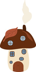 Whimsical cartoon mushroom house illustration with an autumn leaf on the roof and smoke from the chimney. Isolated vector on white, ideal for children's books, fairy tale designs, and cozy fall decor.