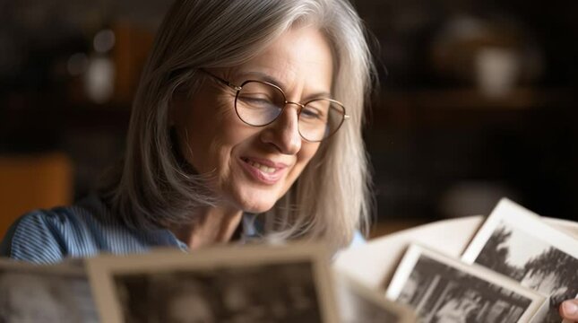 Nostalgic senior woman smiling while looking at old photographs in a photo album, reminiscing about family memories.

