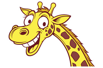 Cartoon giraffe joyfully flashes a wide smile with noticeable brown spots on its neck