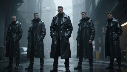 Five individuals in black leather coats standing in a dimly lit urban street