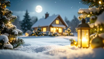 Fototapeta premium Charming winter scene of a snow-covered cabin adorned with festive lights, surrounded by trees and lanterns under a full moon.
