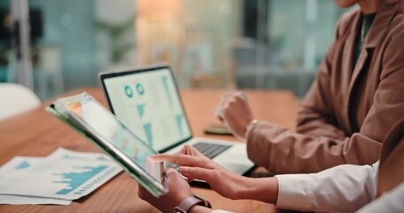 Tablet screen, hands and business people in meeting with graphs, investment or stock market. Laptop, team and women planning with chart for financial trading, scroll or performance analysis in office - Powered by Adobe
