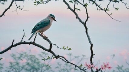 Colorful Bird on Tree Branch with Pastel Sky