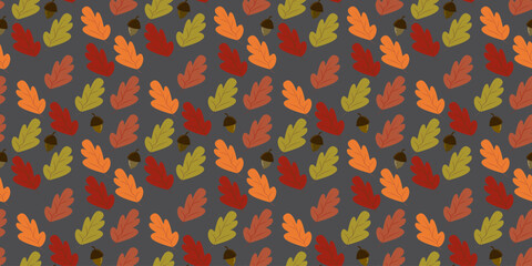 Seamless autumn pattern of oak leaves and acorns on dark grey. Ideal for Thanksgiving table settings, dinner decor, children's parties, and festive fall celebrations.
