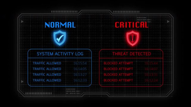 A side-by-side firewall status animation comparing normal operation and critical failure. Ideal for cybersecurity, threat monitoring, or enterprise IT protection content.