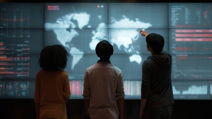 Three people looking at a world map on a large screen