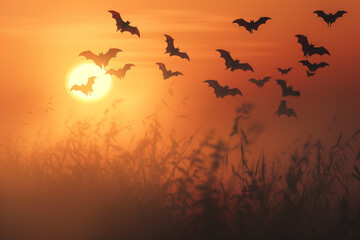 
Flock of bats in orange sunset light over foggy field, halloween, background, postcard