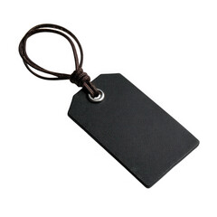 Fototapeta premium Blank black leather luggage tag with brown string isolated on transparent background