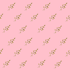Watercolor pattern with beautiful green branches on pink background. Hand drawn watercolor green bush branches. Design for paper, background, menu, poster, textile, wallpaper, business cards.