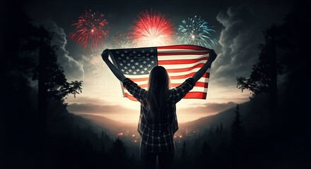 A dramatic, cinematic scene of a young woman seen from behind, standing on a hill or rooftop at sunset, holding up an American flag with both hands. The background is filled with vibrant fireworks exp