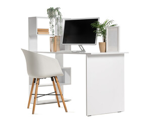 Stylish workspace with modern computer, houseplants and shelves isolated on white background