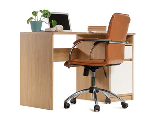 Stylish workspace with modern laptop, houseplant and books isolated on white background