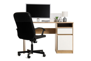 Stylish workspace with modern computer, lamp and houseplant isolated on white background