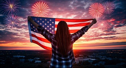 A dramatic, cinematic scene of a young woman seen from behind, standing on a hill or rooftop at sunset, holding up an American flag with both hands. The background is filled with vibrant fireworks exp