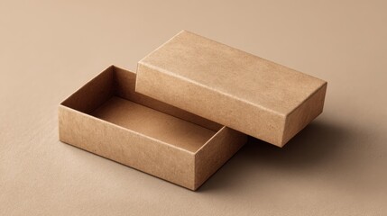 Open brown cardboard box mockup for product packaging on beige background