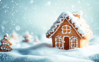 A festive gingerbread house in a snowy winter wonderland scene with a decorated tree and sparkling snowflakes