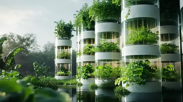Vertical hydroponic gardens flourishing in tranquil water, showcasing sustainable urban farming innovation