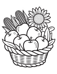 Basket with Pumpkins, Apples, Corn and Sunflower Coloring Page